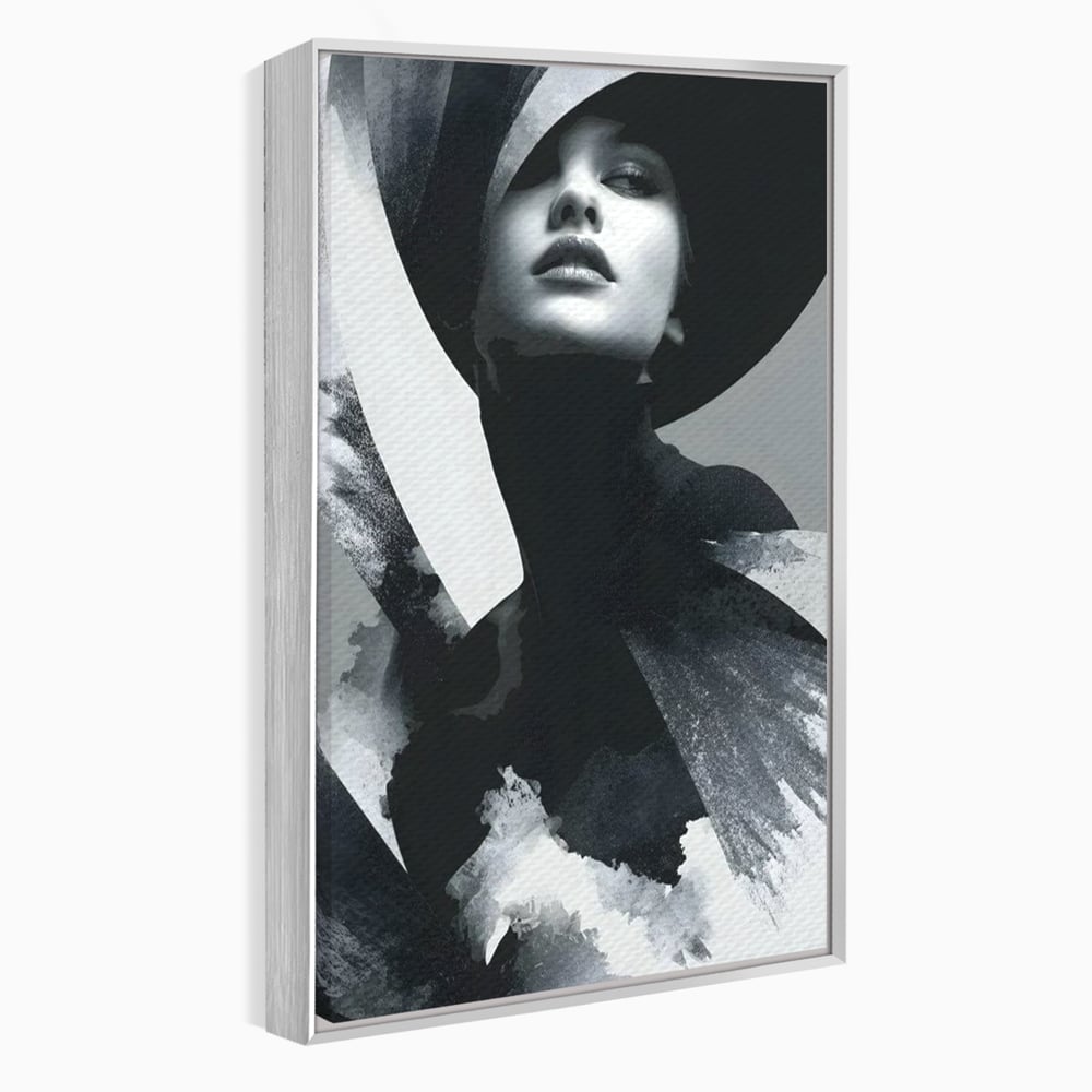 Tablou canvas cu tablou canvas cu portret artistic de femeie, in rama de aluminiu argintiu